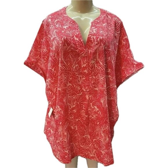 Woman Within +22/24 Coral Leaf Print Split Button Neck Cotton Half Sleeve Top - Picture 2 of 6